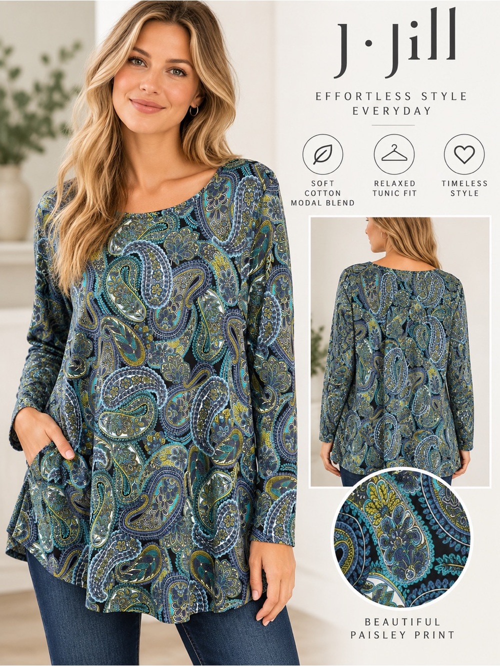 J. Jill Paisley Tunic Top Medium Blue Teal Cotton Modal Long Sleeve